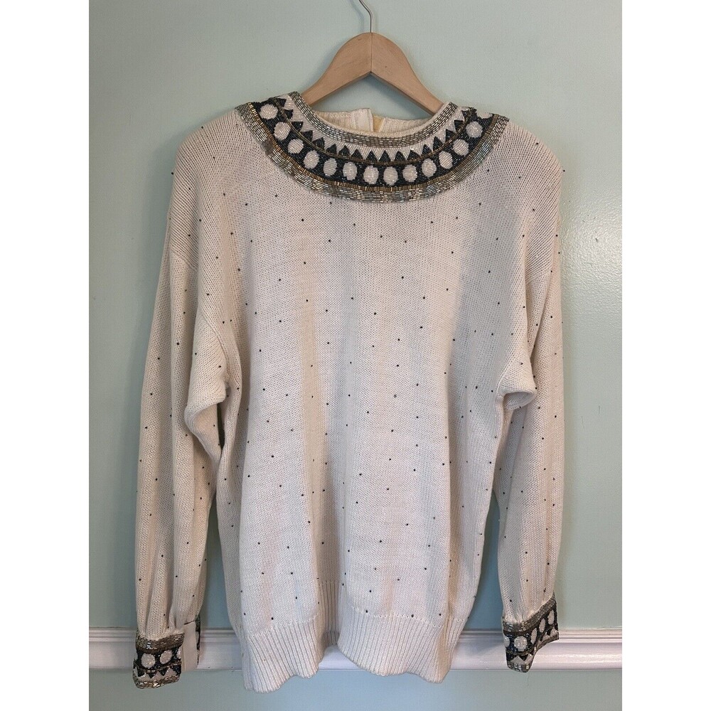 Vintage Bonnie Boerer M Sweater Womens Small Pullover Beaded Mobwife 80s Sequin